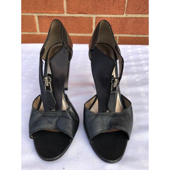 POUR LA VICTOIRE WOMEN BLACK /METALLIC LEATHER OPEN TOES HEEL SHOES US SIZE 6.5 - Picture 2 of 12